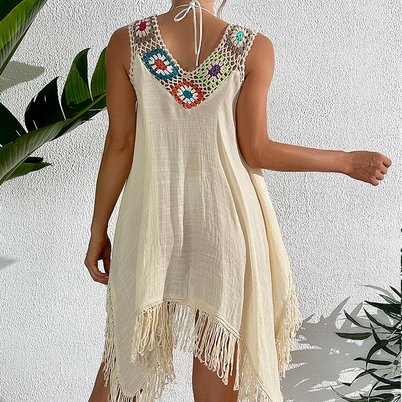 Holiday Crochet Block Stitching Irregular Asymmetric Tassel Hollow Out Cutout Beach Bikini Cover Up Dress Bella Mia